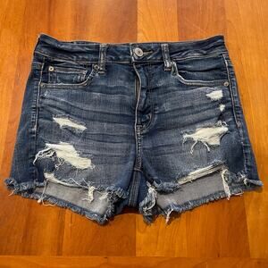 American Eagle Hi-Rise Shortie Distressed Denim Shorts Sz 10 Next Level Stretch